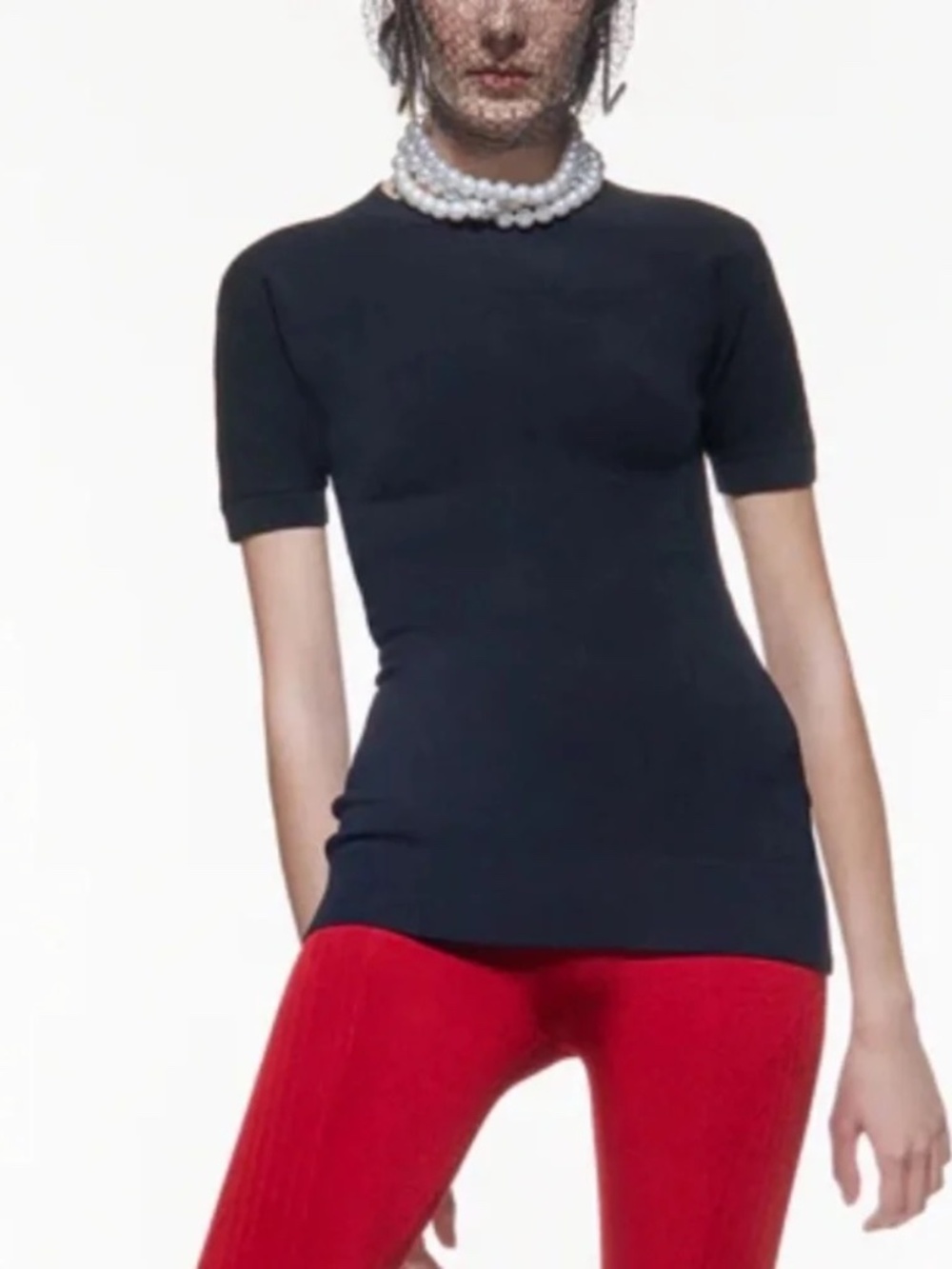 AZ Factory Black Knitted Top Short Sleeve Fitted Bodycon Stretch Size M
